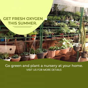 A promotional image for a plant nursery, encouraging people to 'get fresh oxygen' and 'go green'.