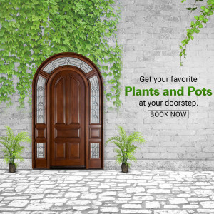 Wooden door with plants and a promotional text for plant and pot delivery.