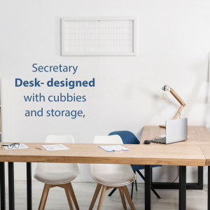 A bright and minimalist home office with a wooden desk, white chairs, and a secretary desk with cubbies.