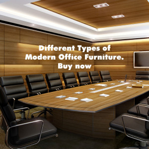 A modern conference room with a large wooden table and black leather chairs.