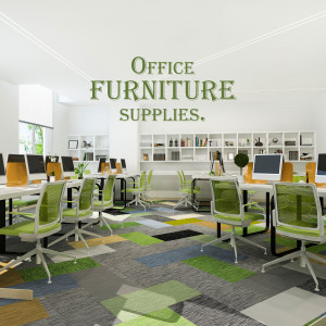 A brightly lit office space with modern furniture and green accents.