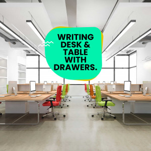 A brightly lit office space with multiple writing desks and colorful chairs.