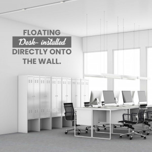 A modern office space featuring a floating desk installed directly onto the wall with white cabinets and computer workstations.