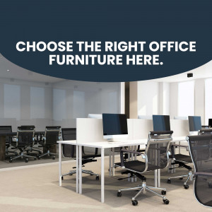 Modern office space with white desks and black office chairs