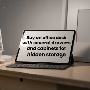 Tablet displaying an advertisement for an office desk with storage