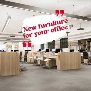A modern office space with new furniture and a quote bubble.