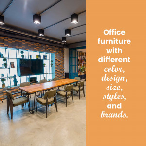A modern office conference room with a long wooden table and comfortable chairs.