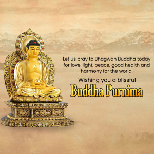Golden Buddha statue with text wishing a blissful Buddha Purnima