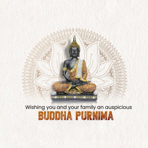 Image of Buddha statue with a lotus flower and text 'Buddha Purnima'