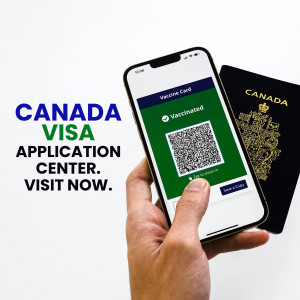 Image of a smartphone displaying a Canada Visa Application and a digital vaccine card alongside a Canadian passport.