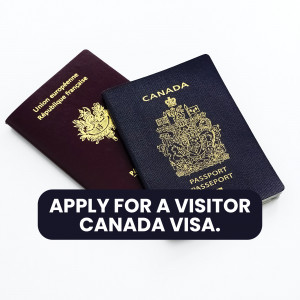 Two passports, one European Union and one Canadian, with a call to action for a Canada visitor visa.