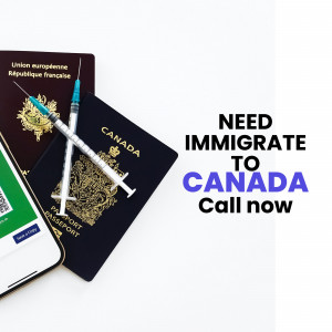 Image depicting passports, a syringe, and a phone with a QR code, with text promoting immigration to Canada.