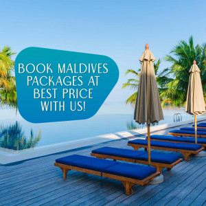 Luxurious beach resort in the Maldives with lounge chairs and umbrellas