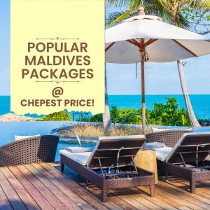 Luxurious Maldives resort with beach, pool, and umbrella