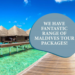 Overwater bungalows in the Maldives with promotional text