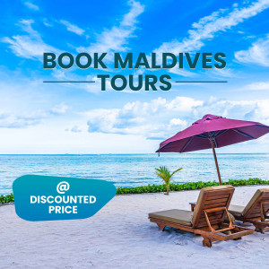Beach scene in the Maldives with lounge chairs and umbrella, promoting discounted tours.