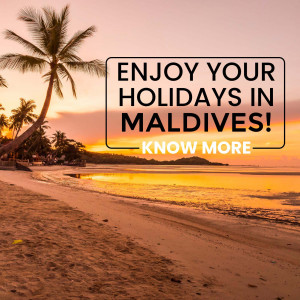 Sunset beach scene in the Maldives with text overlay promoting holidays.