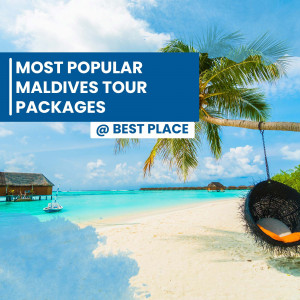 Scenic view of the Maldives with a hammock and text promoting tour packages.