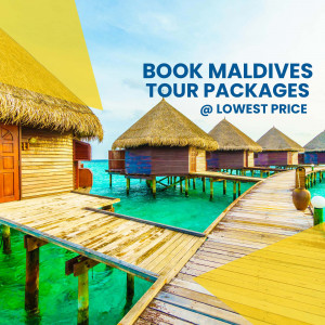 Overwater bungalows in the Maldives with text promoting tour packages.