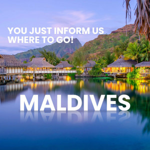 Overwater bungalows in the Maldives with text overlay 'You Just Inform Us Where To Go!' and 'Maldives'