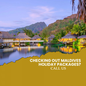 Overwater bungalows in the Maldives with text overlay promoting holiday packages.