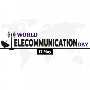 World Telecommunication Day illustration with a globe, satellite dish, and radio waves.