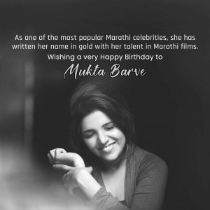 Black and white portrait of Mukta Barve with a birthday message
