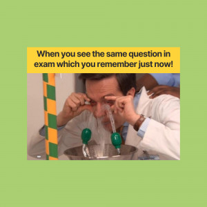 Man crying with water squirting into his eyes, representing the sudden recall during an exam.