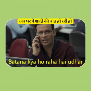 A still from the movie 3 Idiots with a humorous caption about wedding conversations.