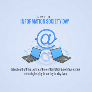World Information Society Day graphic with laptops and an @ symbol