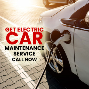 White electric car charging with a charging cable, advertising maintenance services.