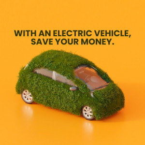 Electric car covered in grass, representing savings and eco-friendliness