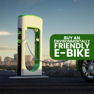 An electric bike charging at a modern charging station with a city skyline in the background.
