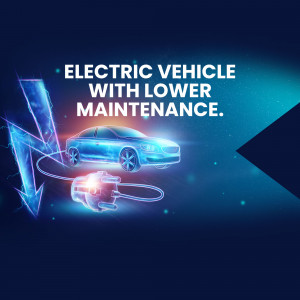 Electric vehicle with charging cable and lightning bolt, highlighting lower maintenance.