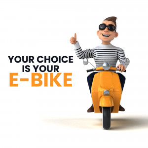 Cartoon man riding an orange e-bike and giving a thumbs up