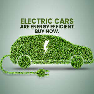 Electric car silhouette made of green leaves with a lightning bolt symbol.