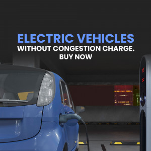 Blue electric vehicle charging at a charging station in a parking garage.