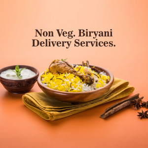 A bowl of flavorful Non-Veg Biryani with a side of raita, perfect for delivery.