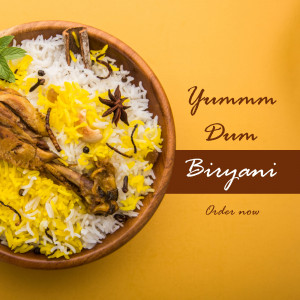 Close-up of a wooden bowl filled with delicious Dum Biryani, garnished with spices and herbs.
