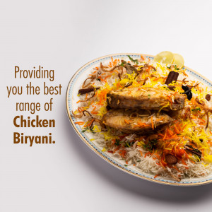 A plate of flavorful Chicken Biryani with rice, chicken pieces, and garnishes.