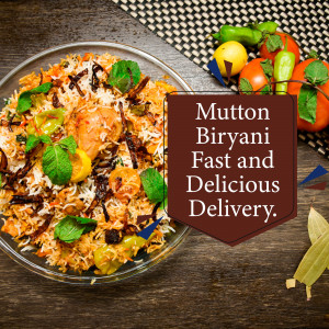Close-up of a plate of Mutton Biryani with garnishes and a promotional text box.