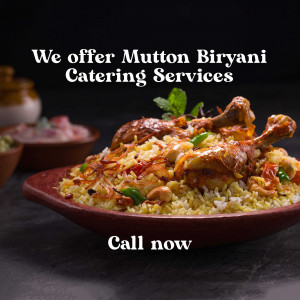 Delicious Mutton Biryani served in a traditional dish with catering services offered.