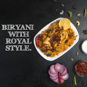 A top-down view of a plate of Biryani with Royal Style
