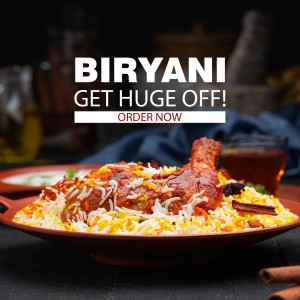Close-up of a delicious Biryani dish with a promotional offer.
