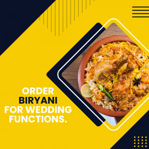 Close-up of a flavorful biryani dish in a clay pot, garnished with lemon, chili, and spices, with text promoting wedding catering.