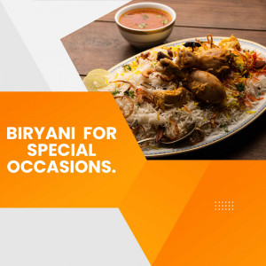 A plate of delicious chicken biryani with a side of raita, perfect for celebrations.