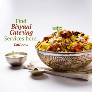 Delicious Biryani in a bowl with catering advertisement