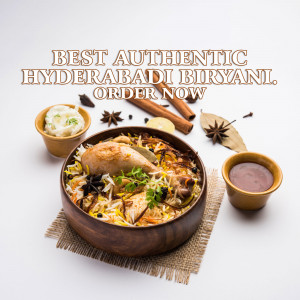 Close-up of Hyderabadi Biryani in a wooden bowl with spices