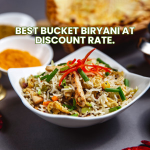 Close-up of a delicious bucket biryani with discount promotion text.