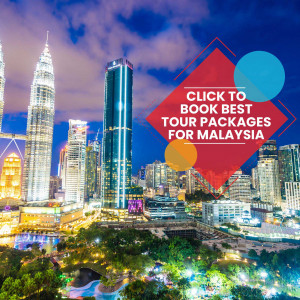 Kuala Lumpur skyline at night with a promotional graphic for Malaysia tour packages.